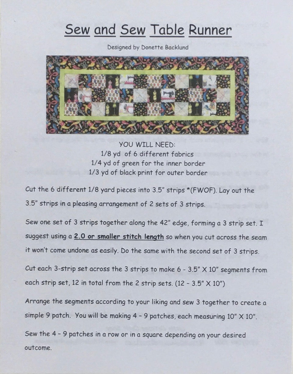 SEW AND SEW TABLE RUNNER PATTERN