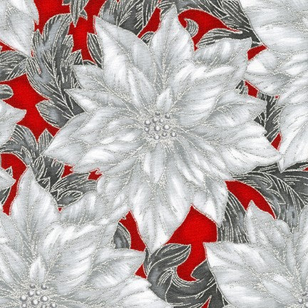 HOLIDAY FLOURISH 14 SRKM 19916-93 SCARLET POINSETTIAS SILVER