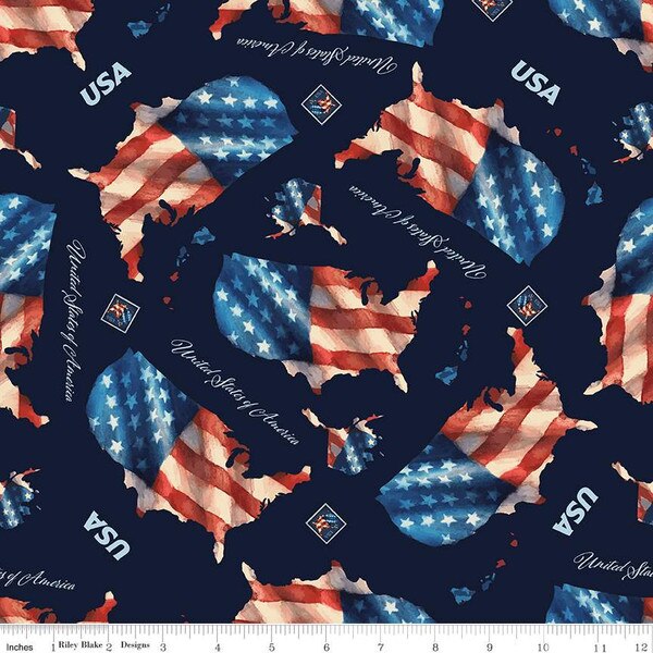 Fabric with American flag pattern on a navy background, featuring 'USA' text.