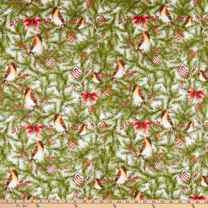 WINTER FOREST PINE WITH BIRDS ON WHITE