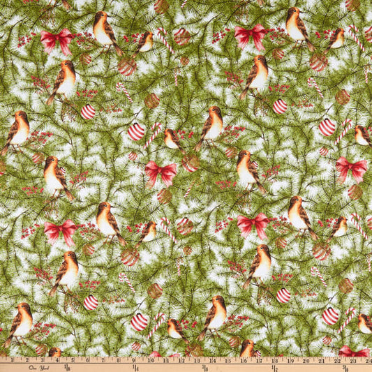 WINTER FOREST PINE WITH BIRDS ON WHITE