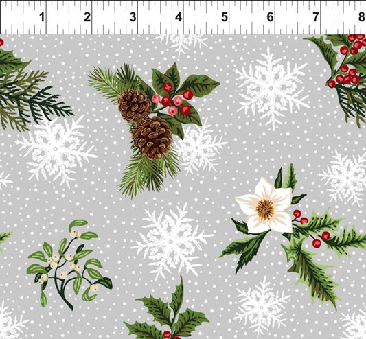 WINTER TWIST 3WT3 PINE CONES, HOLLY , FLOWERS ON BLUE