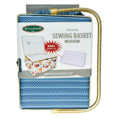 FOLDING SEWING BASKET- BLUE CHEVRON